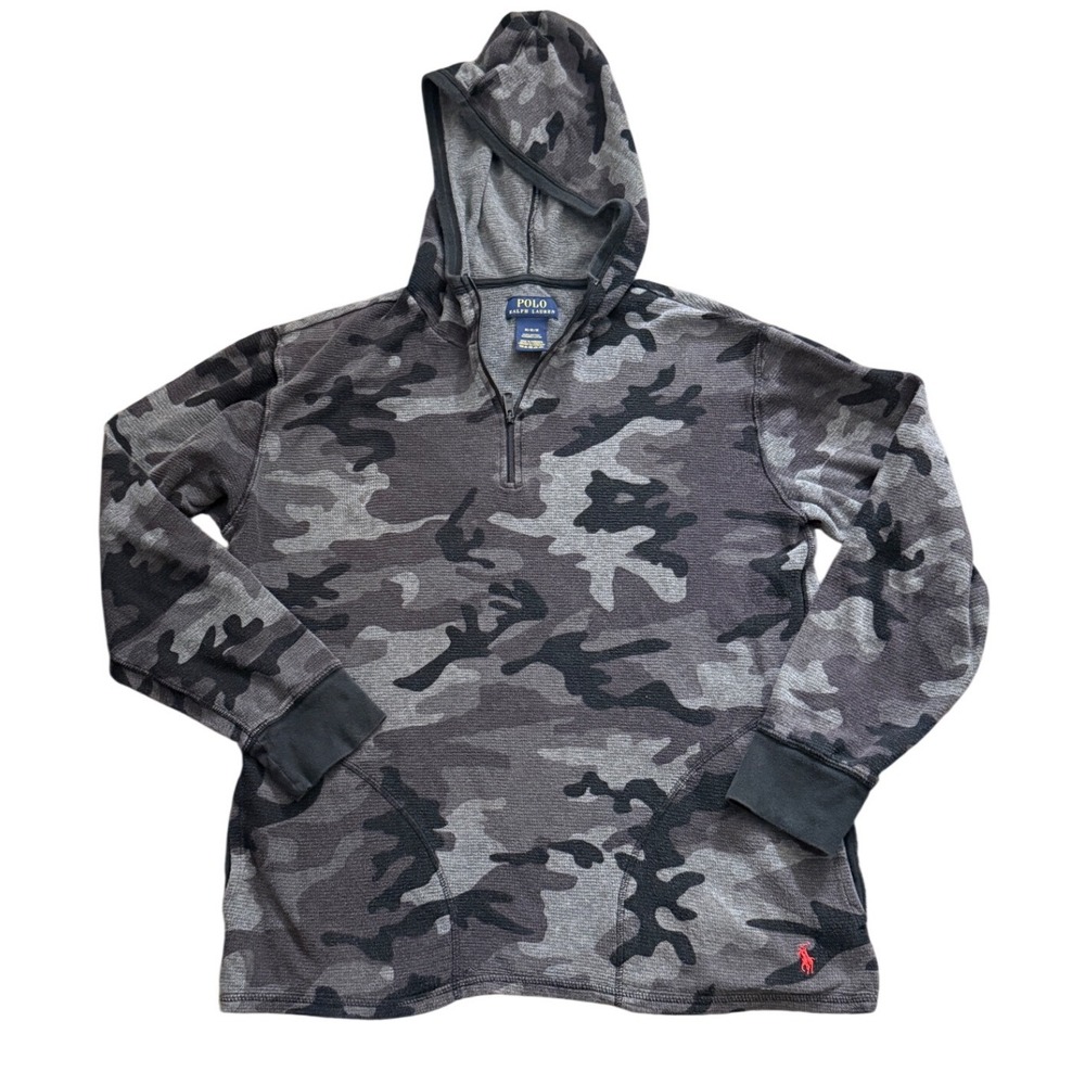Polo Ralph Lauren Mens Grey Camo Waffle Knit Quarter Zip Hoodie Size M zz97‎